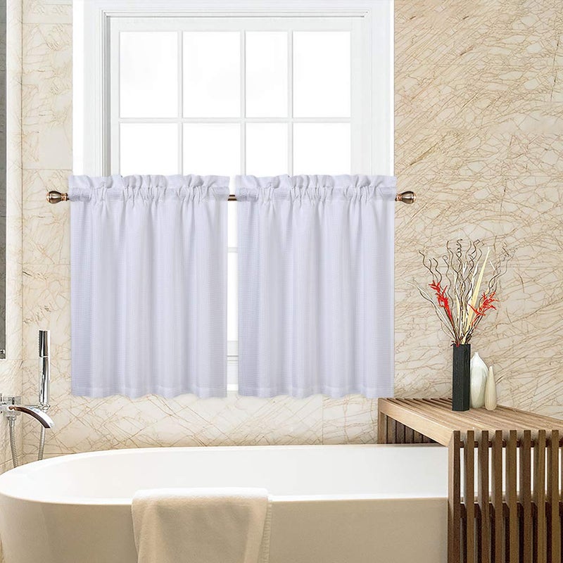 CAROMIO Cafe Curtains 30 Inch Length, Waffle Woven Textured Small Tier Curtains for Kitchen Bathroom Window Curtainss Short, White - Image 1